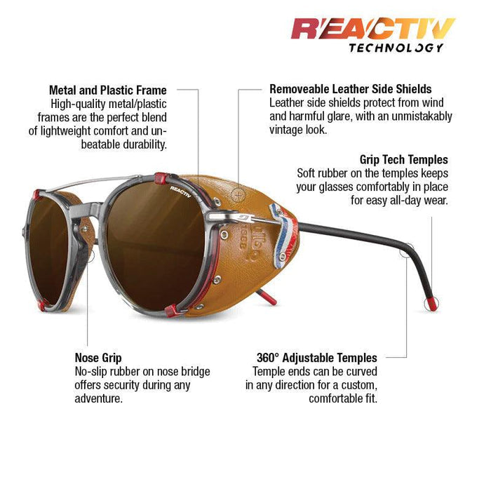 The Julbo Eyewear Legacy sunglasses feature a metal/plastic frame, removable leather side shields, Grip Tech temples, no-slip nose grip, and 360° adjustable temples—ideal modern glacier glasses with vintage style. #color_translucent-black-red-with-reactiv-2-4-polarized-lens