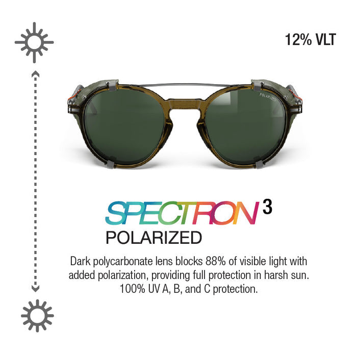 Julbo Eyewear Legacy glacier glasses feature polarized dark polycarbonate lenses, blocking 88% of visible light (12% VLT) and providing 100% UVA, UVB, and UVC protection. Includes leather side shields and SPECTRON 3 branding. #color_brown-orange-with-spectron-3-polarized-lens