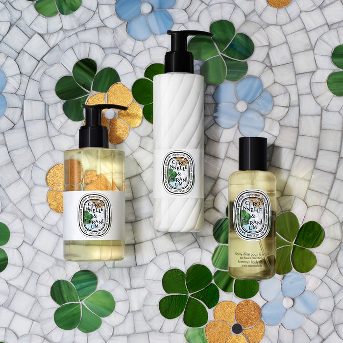 Lifestyle image of Diptyque Lemongrass & Geranium Summer Body Spray with essential oils (Limited Edition)
