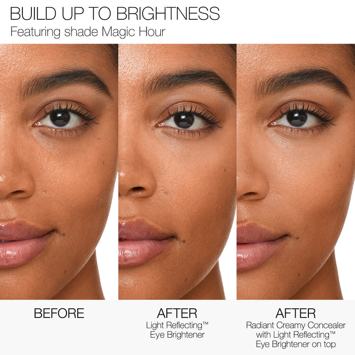 Before and after results of using Nars Light Reflecting Eye Brightener variant: Magic Hour