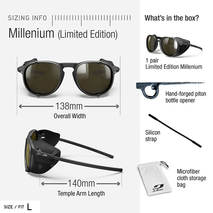 A pair of Julbo Eyewear Limited Edition Millenium sunglasses with side shields and mountaineering heritage are shown, featuring measurements and including a hand-forged piton bottle opener, silicon strap, and microfiber pouch.