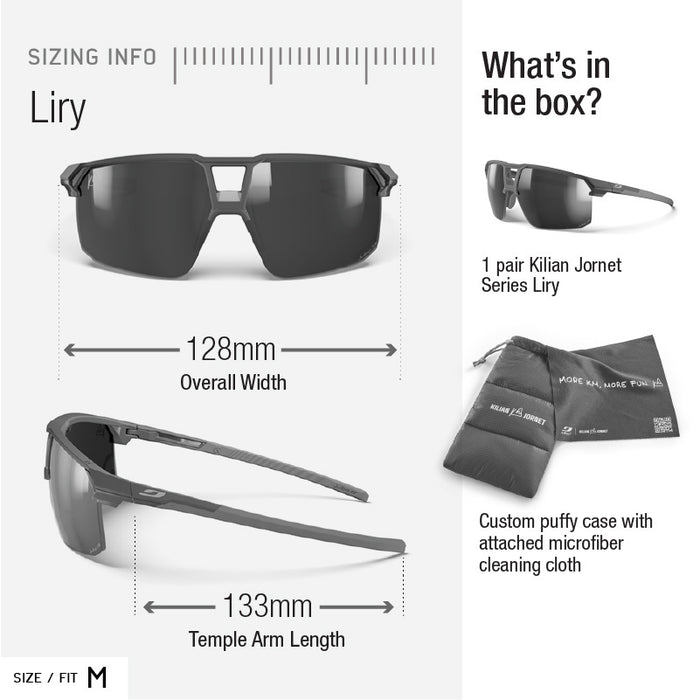 Sunglasses with size and fitting information on a white background