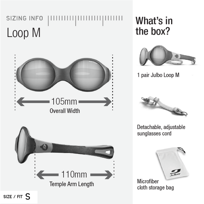 Diagram of Julbo-usa Loop M Kids sunglasses with Spectron 4 lenses, 105mm width, 110mm arm length. Includes detachable strap and microfiber cloth bag. Size: Small.