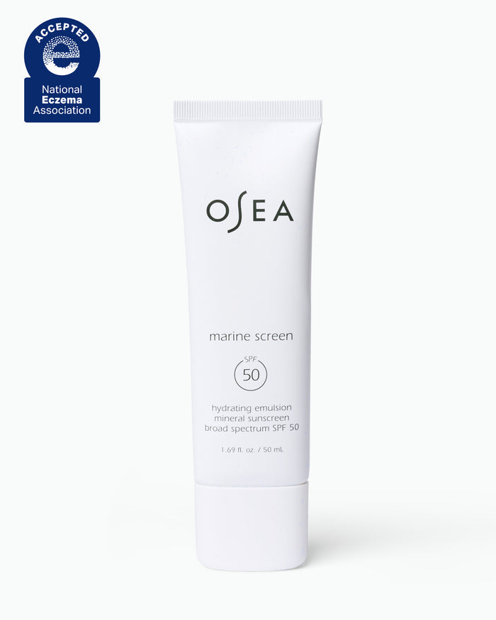 OSEA marine screen sunscreen tube on a white background with National Eczema Association acceptance badge.