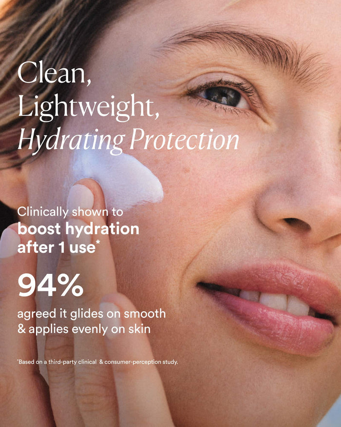 Woman applying cream to her face with text about product benefits