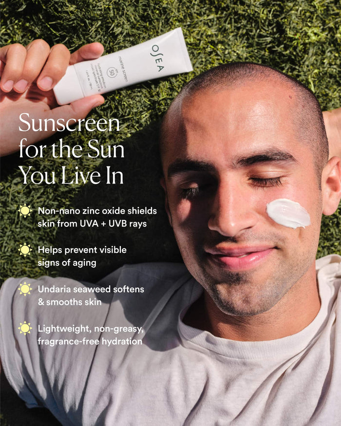Man applying sunscreen with text about its benefits on a grassy background