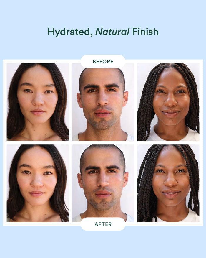 Before and after comparison of facial skin with a hydrating finish on a light blue background.
