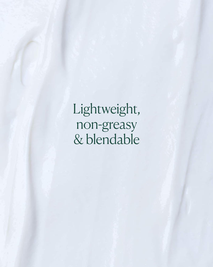 Text 'Lightweight, non-greasy & blendable' on a white background