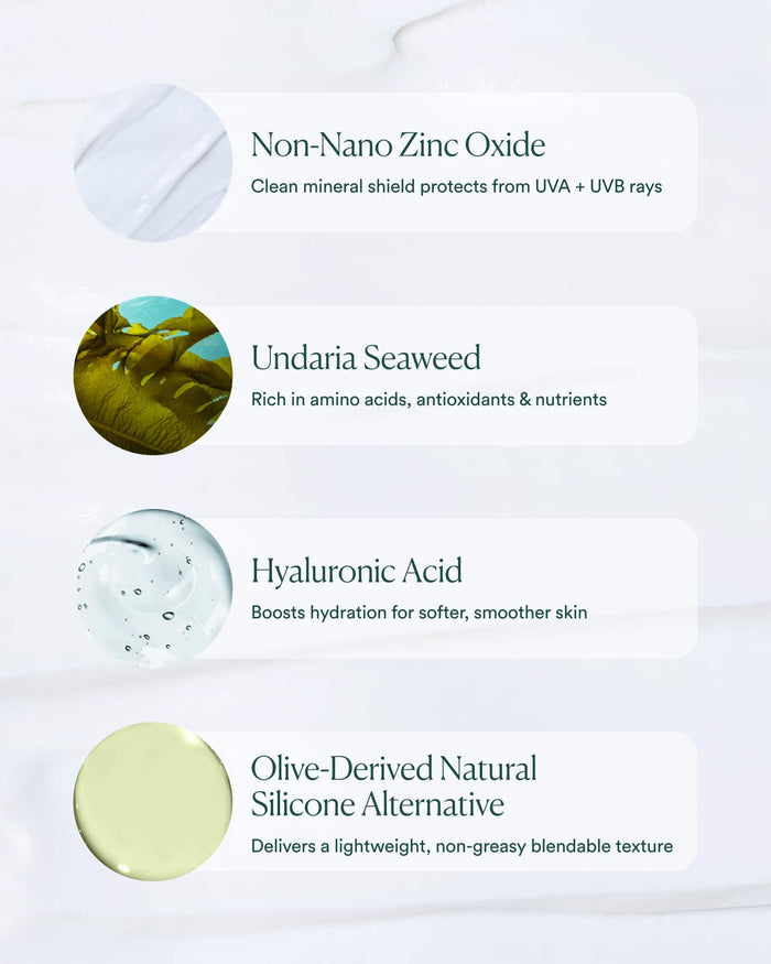 Skincare product ingredients with text on a white background