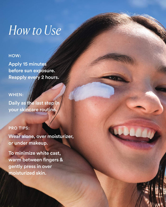 Woman applying sunscreen with text on how to use it