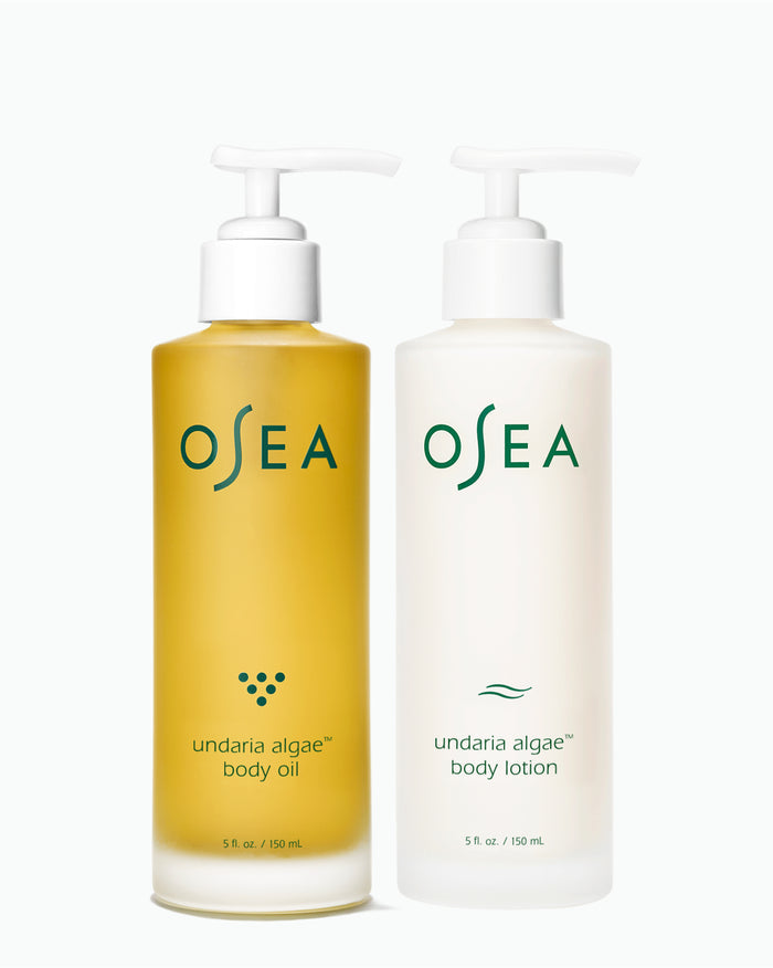 OSEA Mega Moisture Duo featuring Undaria Algae Body Oil, Undaria Body Butter, and dry body brush
