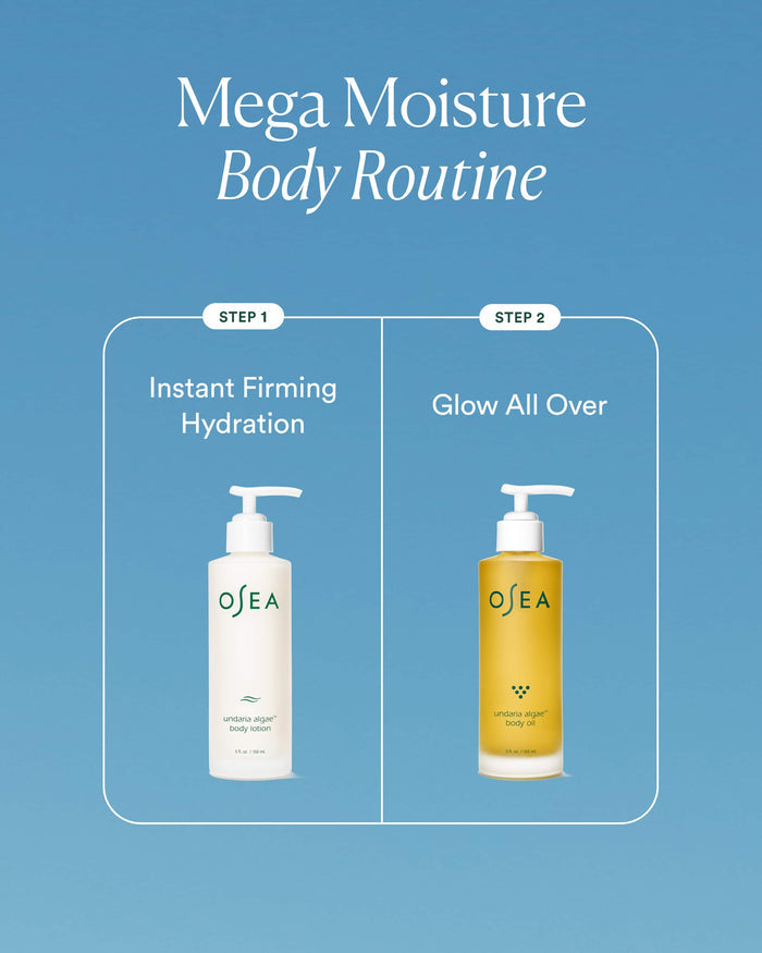 OSEA body care products with 'Mega Moisture Body Routine' on a blue background