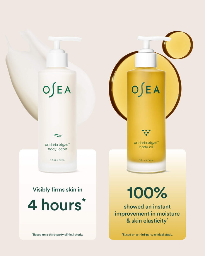 OSEA body lotion and body oil on a beige background