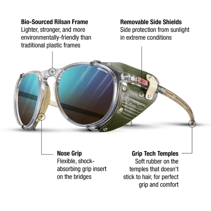 Julbo Eyewear Millenium sunglasses feature a heritage design, bio-sourced frame, removable side shields, nose grip, and grip tech temples for comfort, strength, lightweight wear, and top sun protection. #color_translucent-beige-with-reactiv-2-4-lens