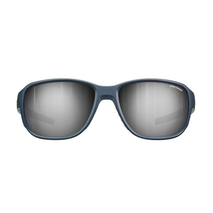 Front view of Julbo USA Montebianco 2 Lenses & Parts blue-framed sunglasses with reflective silver-tinted lenses and sturdy temple arms on a white background. #color_montebianco-2-0-spectron-4-lens-brown-silver-flash