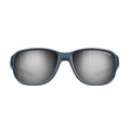 Front view of Julbo USA Montebianco 2 Lenses & Parts blue-framed sunglasses with reflective silver-tinted lenses and sturdy temple arms on a white background. #color_montebianco-2-0-spectron-4-lens-brown-silver-flash
