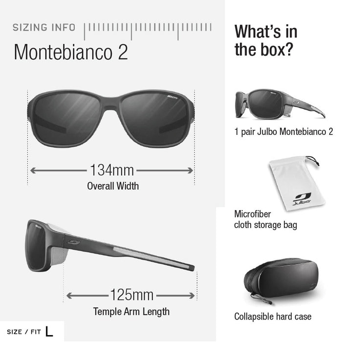 Julbo-usa Montebianco 2 mountain sunglasses: size L fit, shown with images and dimensions. Box includes sunglasses with removable side shields, microfiber cloth bag, and collapsible hard case. #color_black-with-reactiv-2-4-polarized-lens