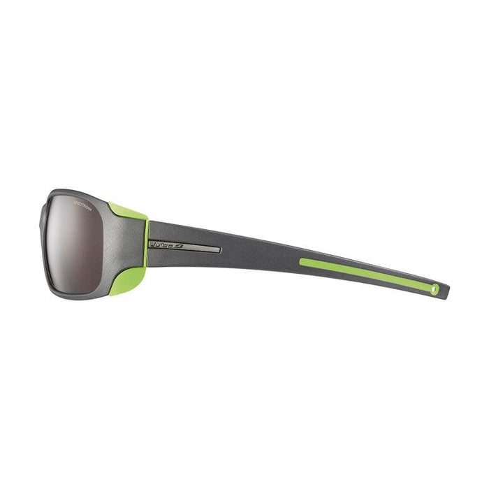 Side view of Julbo Eyewear Montebianco Sunglasses Parts: black and green frame, gray tinted lenses, and sleek temple arms. #color_montebianco-temple-arms-pair-matte-black-lime-green