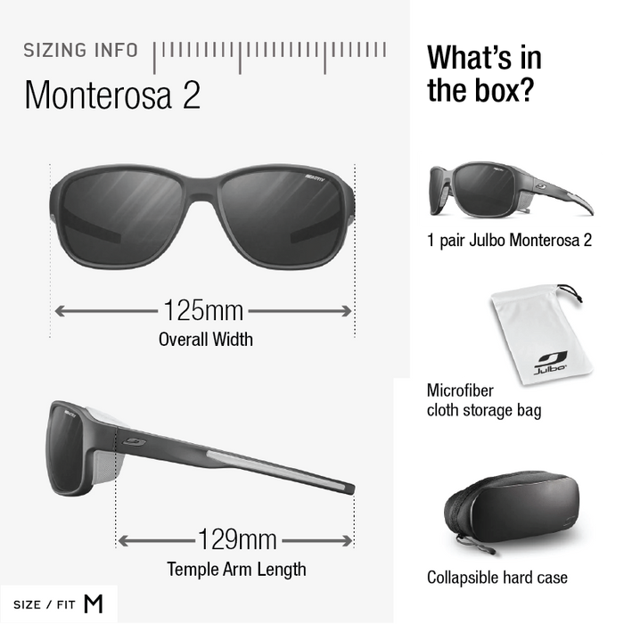Sizing and packaging information graphic for Julbo Monterosa 2 sunglasses. The left side shows the sunglasses with dimensions labeled overall width 125mm and temple arm length 129mm, including a measurement scale. #color_iridescent-purple-with-reactiv-2-4-lens