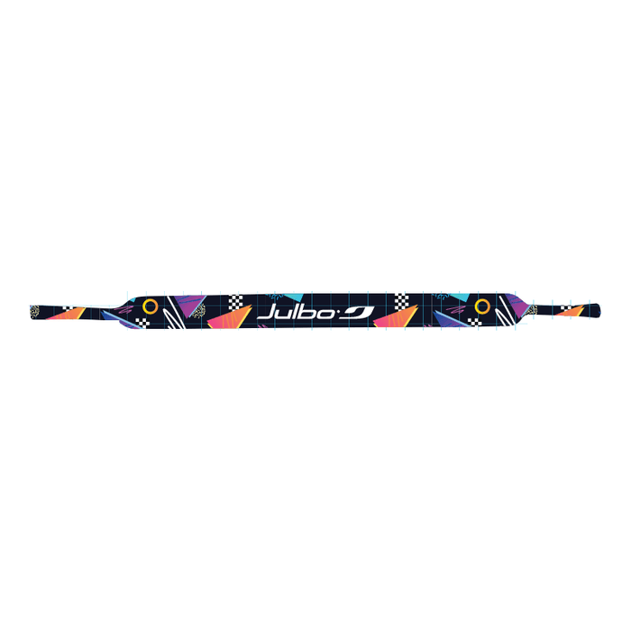 The Julbo Eyewear Neoprene Sunglass Strap is black with a colorful geometric pattern and a central white Julbo logo, providing a universal fit for all waterproof sunglasses. #color_julbo-neoprene-sunglass-strap-1980's