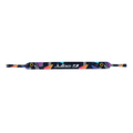 The Julbo Eyewear Neoprene Sunglass Strap is black with a colorful geometric pattern and a central white Julbo logo, providing a universal fit for all waterproof sunglasses. #color_julbo-neoprene-sunglass-strap-1980's