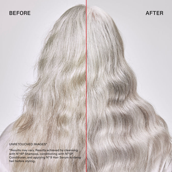 Before and after results of using Olaplex No.4P Blonde Enhancer Purple Toning Shampoo