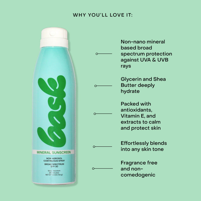 Information related to Bask Suncare SPF 30 Mineral Fragrance-Free Non-Aerosol Spray