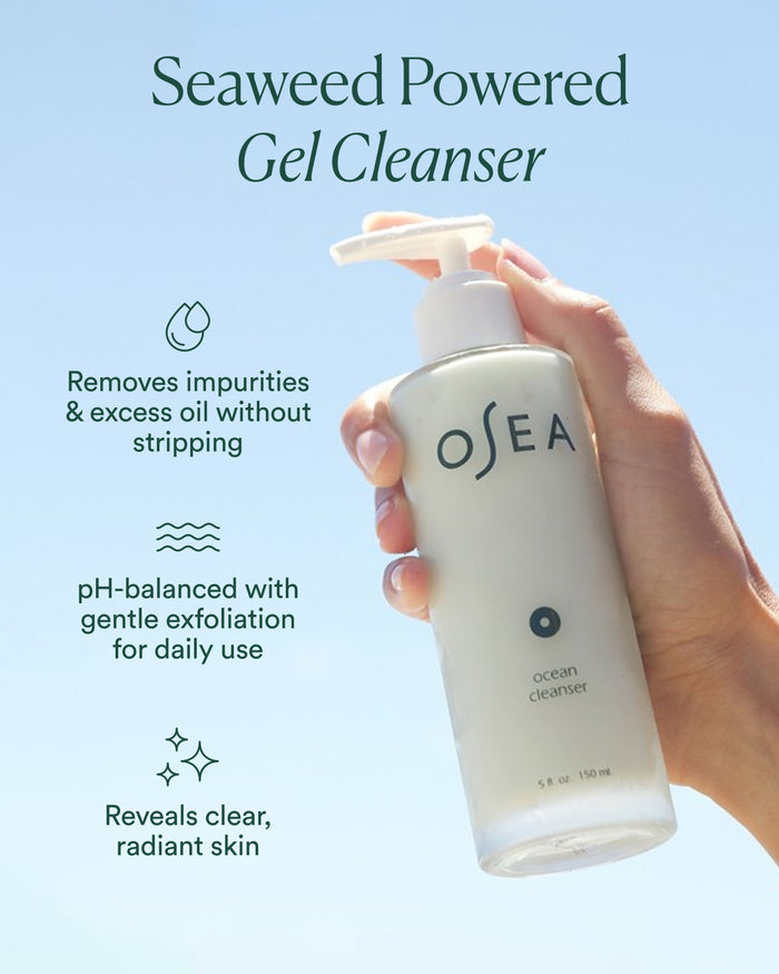 Ocean Cleanser highlighting seaweed-powered gel formula that removes impurities and excess oil without stripping skin