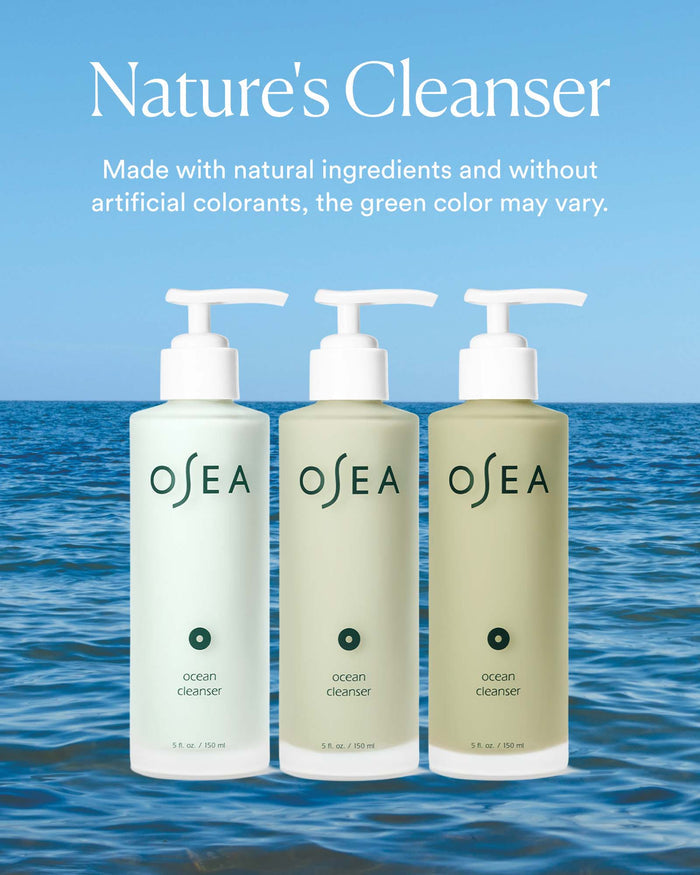 Nature-inspired campaign image showing natural color variation of Ocean Cleanser bottles