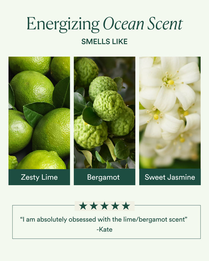 Energizing ocean scent profile featuring zesty lime, bergamot, and sweet jasmine