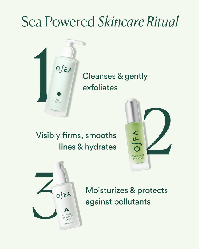 Sea Powered Skincare Ritual featuring cleanse, hydrate with serum, and protect with moisturizer