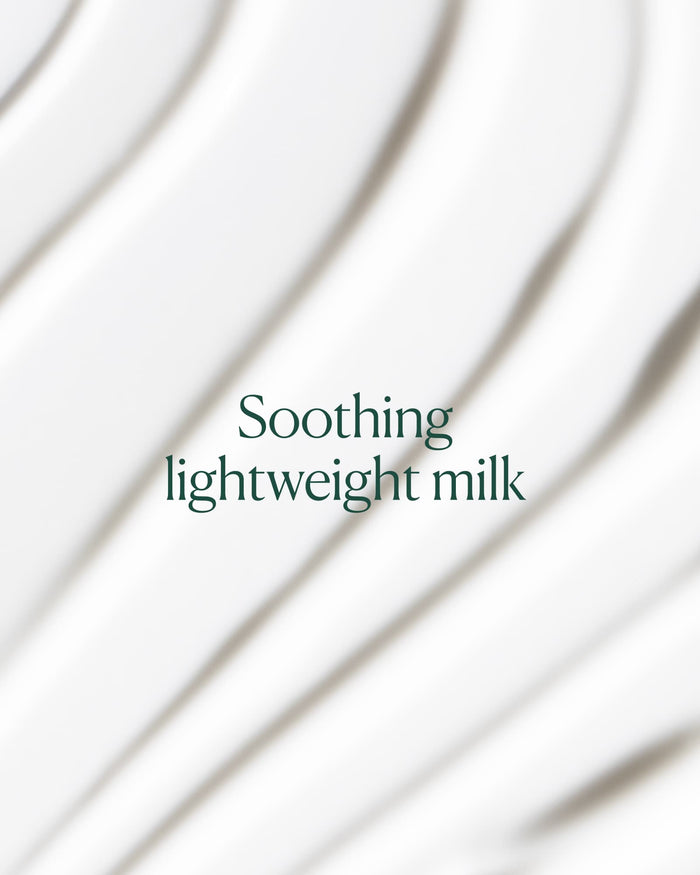 Lightweight milky cleanser texture showcasing soothing, hydrating consistency