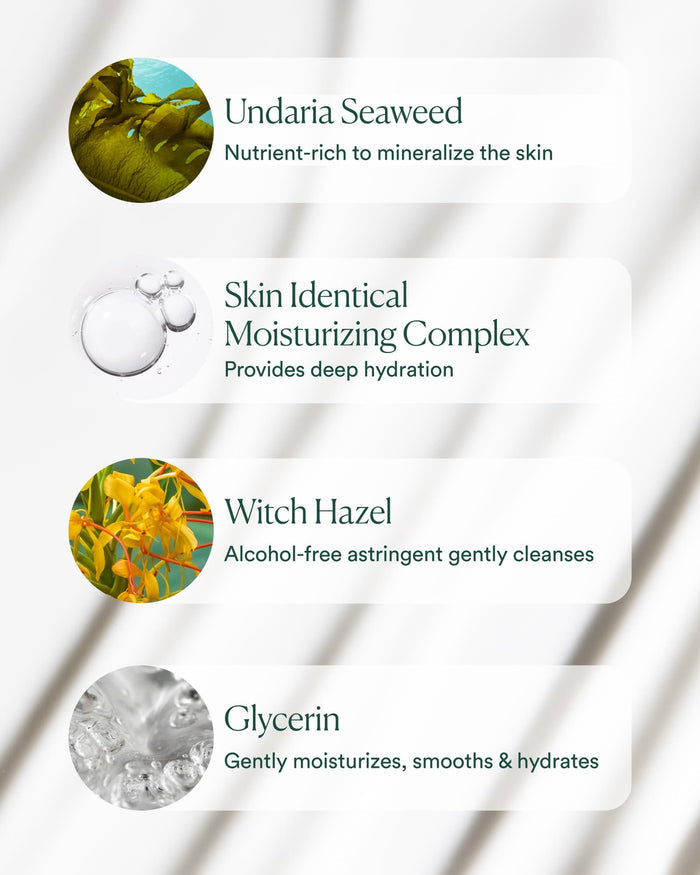 Key ingredients: Undaria seaweed, skin-identical moisturizing complex, alcohol-free witch hazel, and glycerin for mineral-rich hydration and gentle cleansing