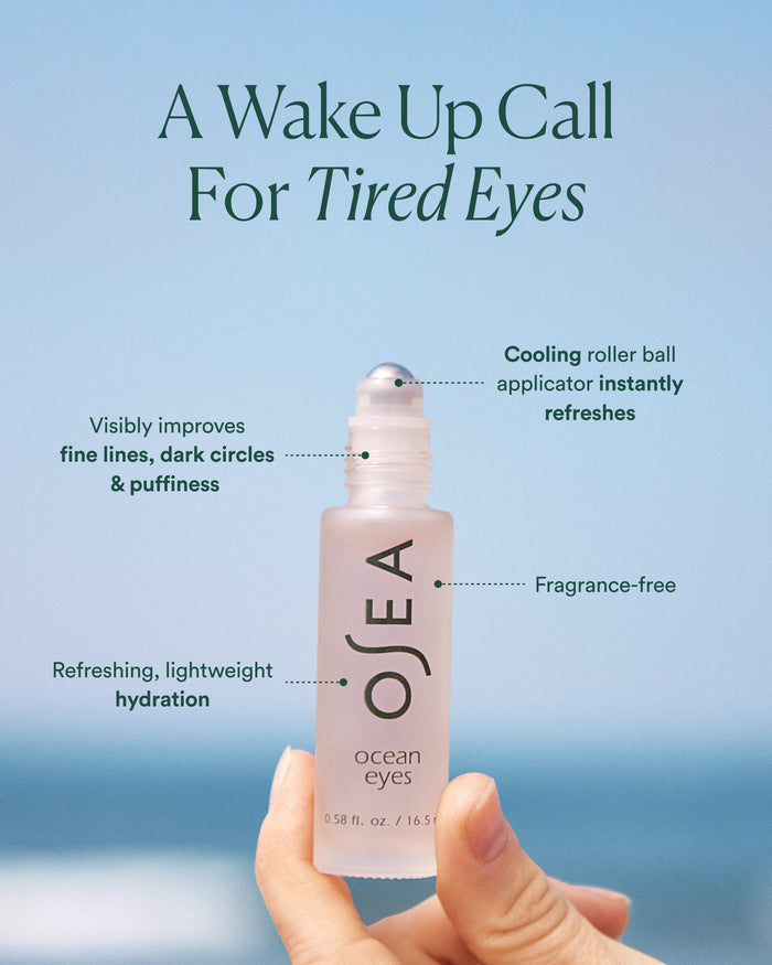 OSEA eye serum bottle held by a hand with product features highlighted on a blue background
