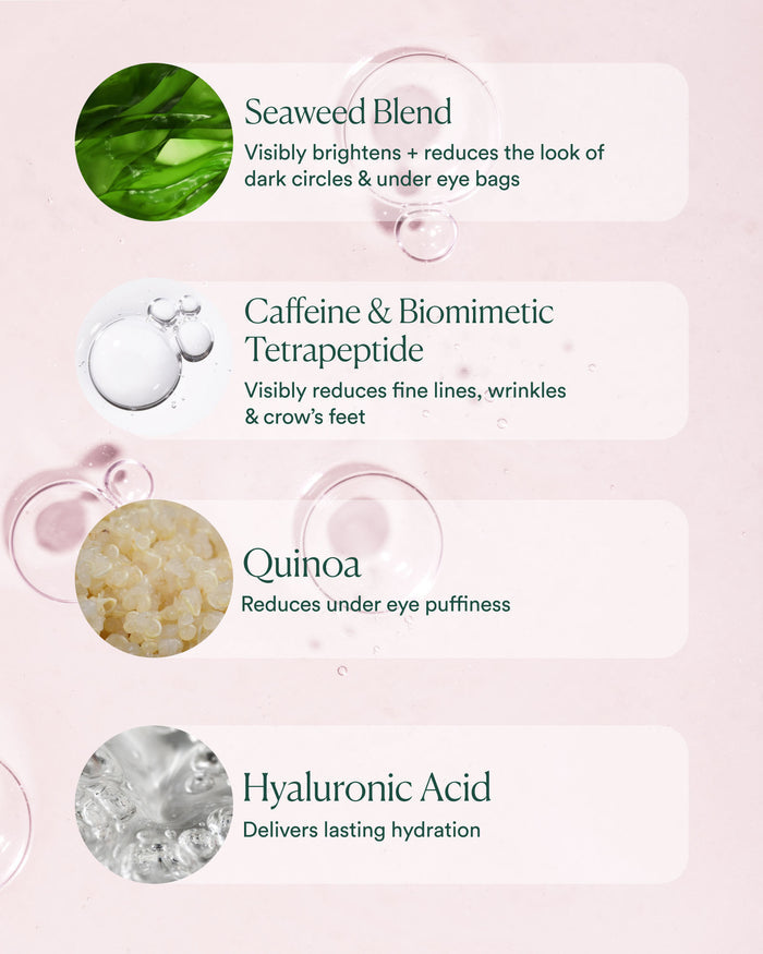 Key ingredients: seaweed blend for brightening, caffeine and peptides for lines, quinoa for puffiness, hyaluronic acid for hydration