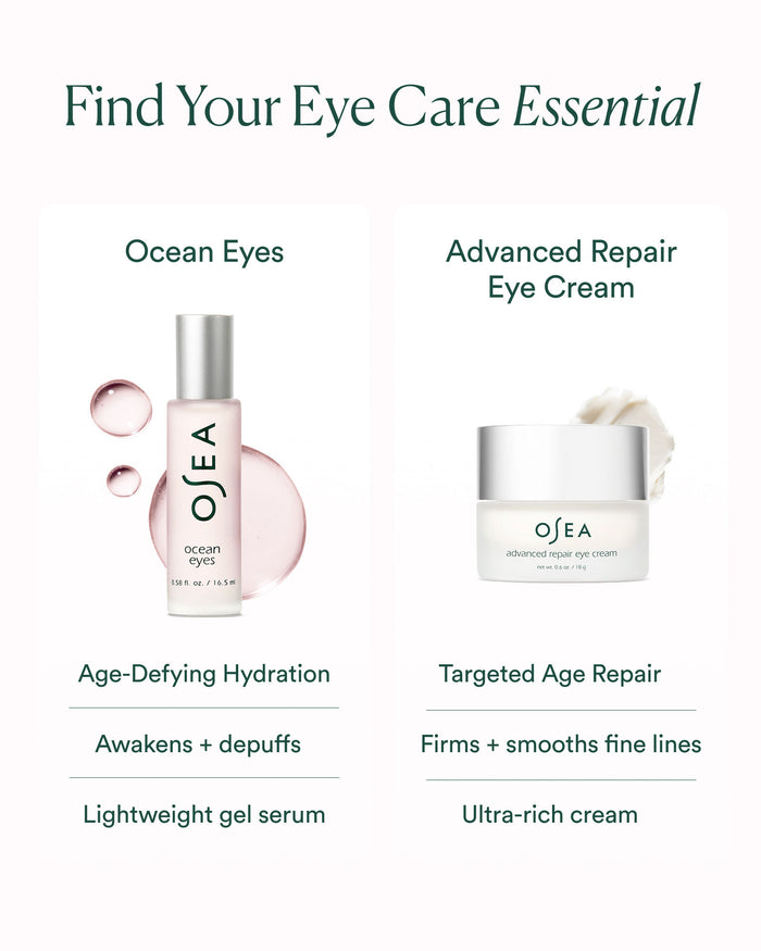 Eye care comparison chart featuring Ocean Eyes gel serum versus Advanced Repair Eye Cream for targeted concerns