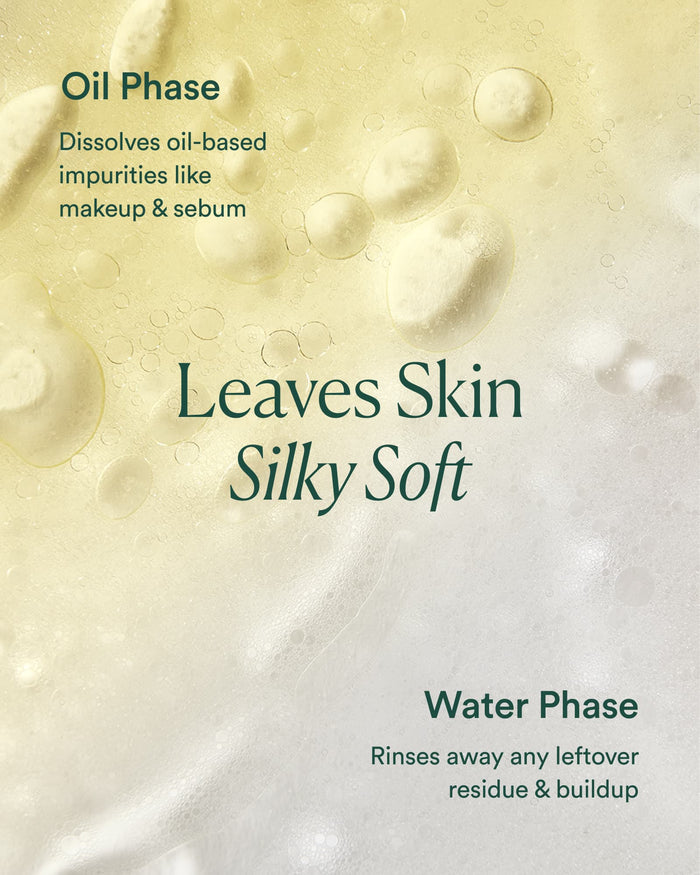 Close-up of dual-phase oil and water formula illustrating how it leaves skin silky soft
