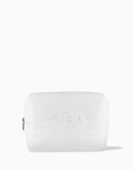 OSEA white zippered cosmetic bag with embossed logo on white background for ecommerce display