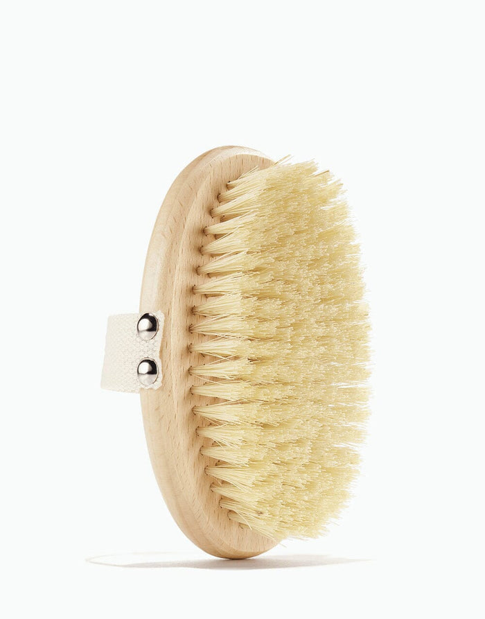OSEA dry body brush with natural bristles and canvas hand strap on white background for ecommerce display