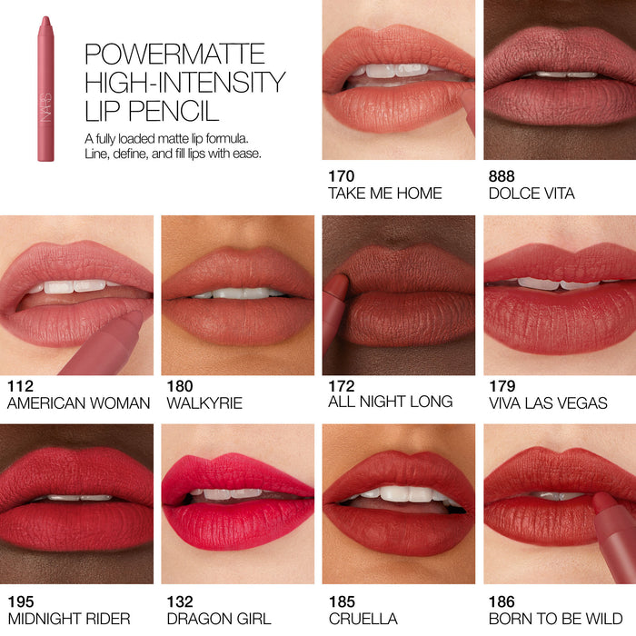 A shade comparison of Nars Powermatte High-Intensity Long-Lasting Lip Pencil variant: Dragon Girl
