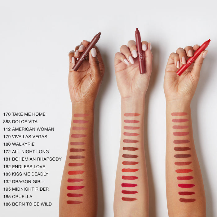 An arm swatch of Nars Powermatte High-Intensity Long-Lasting Lip Pencil variant: Dragon Girl