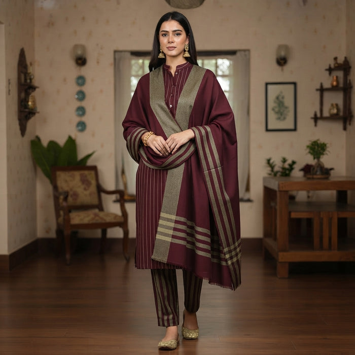 Premium Maroon Sussi Marina 3-Piece Unstitched Suit | Winter Daily Wear