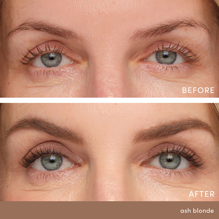 Before and after results of using Jane Iredale PureBrow Precision Pencil variant: Ash Blonde