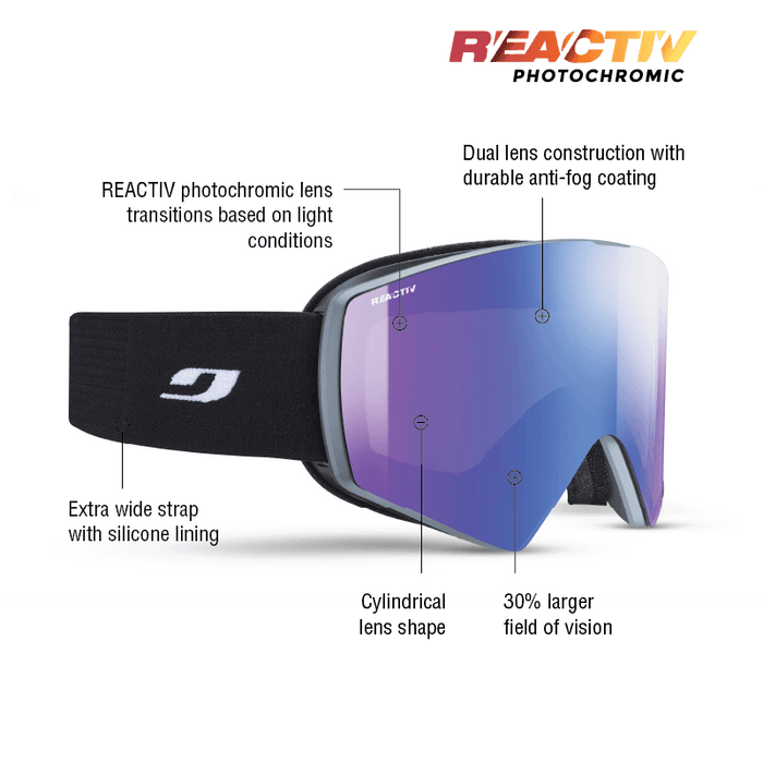 The Julbo USA Razor Edge ski goggles feature a frameless design, REACTIV photochromic dual lens with anti-fog coating, wide silicone strap, cylindrical shape, and offer a 30% larger field of vision. #color_black-with-reactiv-1-3-high-contrast-lens
