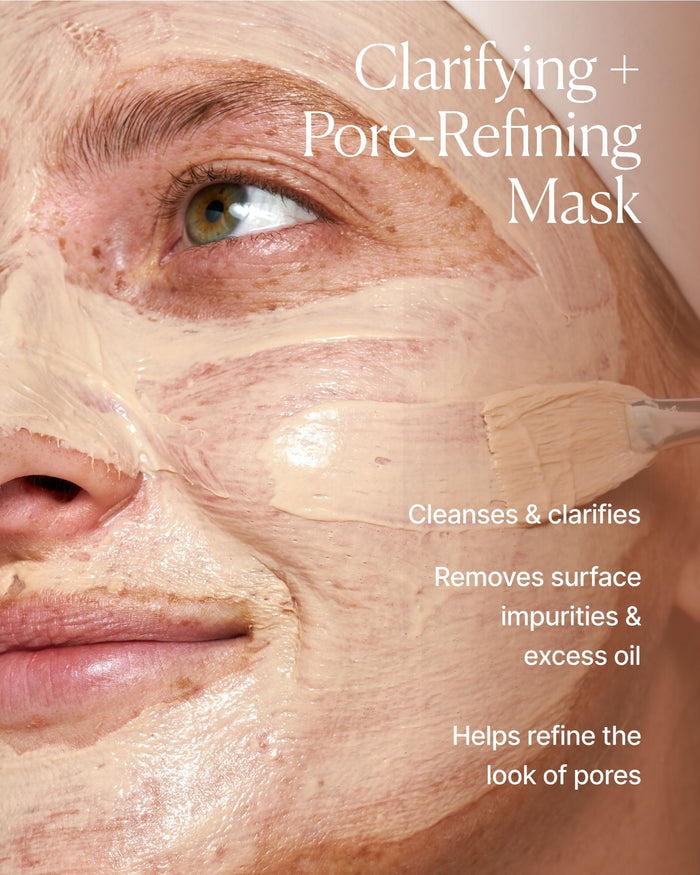 Model applying Red Algae Clarifying Mask with on-image text highlighting pore-refining and oil-clearing benefits