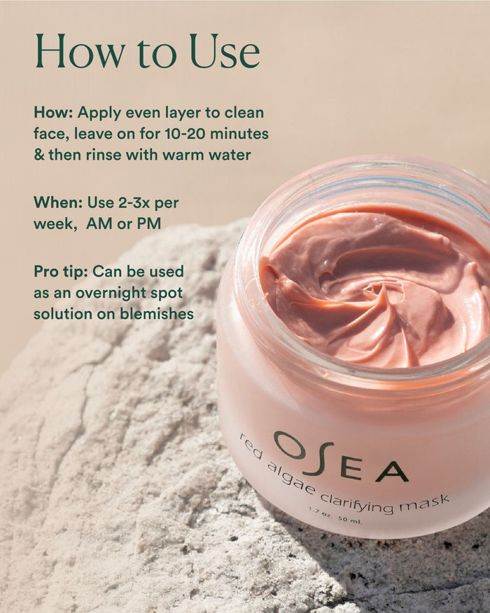 How to use Red Algae Clarifying Mask: apply to clean skin, leave 10–20 minutes, rinse; use 2–3 times weekly or as spot treatment