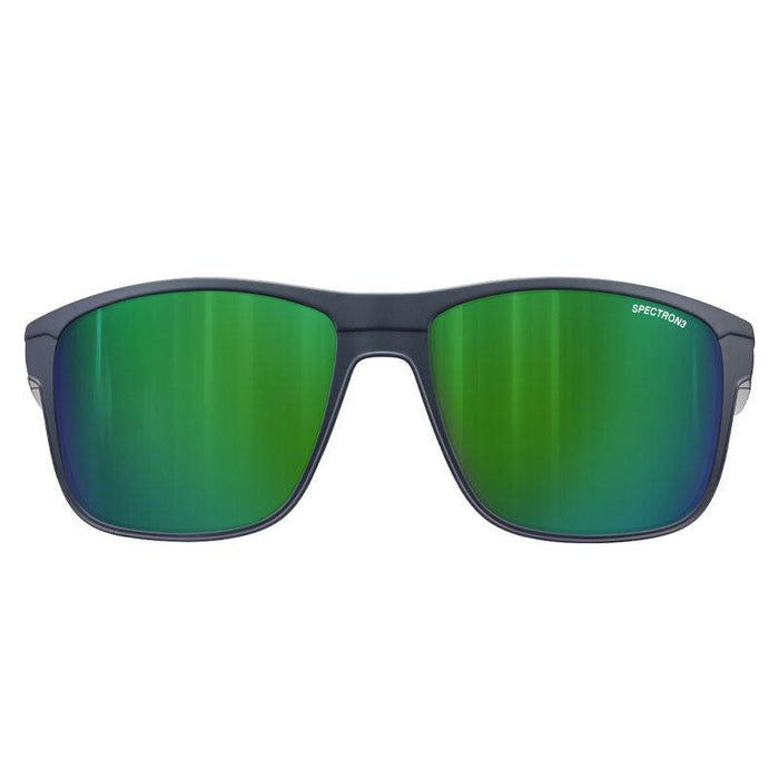 Front view of Julbo Eyewear sunglasses with black frames and reflective green SPECTRON3 lenses, compatible with Renegade Sunglasses Parts including replacement lenses and temple arms. #color_renegade-spectron-3-lens-green