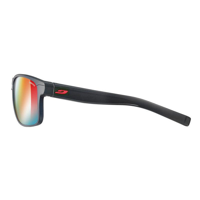 Upgrade your Julbo Eyewear Renegade Sunglasses Parts with black rectangular frames, a red logo on the side, and mirrored replacement lenses in blue, yellow, and red—ideal for refreshing your temple arms or customizing your look. #color_renegade-temple-arms-pair-black-red