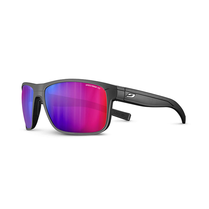 Julbo-usa Renegade sunglasses feature black frames, red and purple mirrored REACTIV photochromic lenses for wide-angle vision, and a small white logo on the arm. #color_matte-black-with-spectron-3-hd-lens