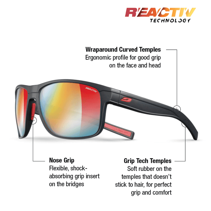 The Julbo-usa Renegade sunglasses feature mirrored REACTIV photochromic lenses, wide-angle vision, wraparound curved temples for grip, a flexible nose grip, and soft temple rubber for comfort and stability. #color_black-red-with-reactiv-1-3-light-amplifier-lens